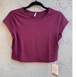 Halara NEW Womens Burgundy Top Ribbed Short Sleeve Crop Athleisure Casual